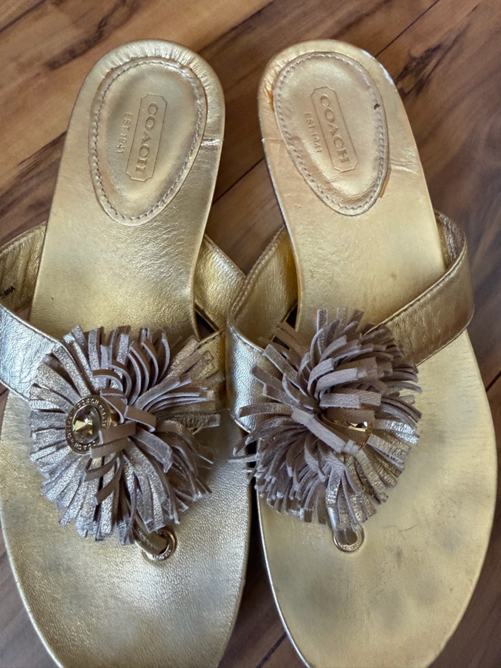 COACH Metallic Gold Leather Tassel Toe-Post Sandals - Picture 2 of 9